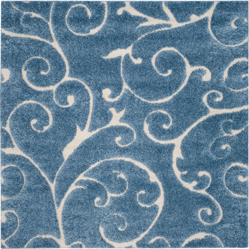 Light Blue and Cream Synthetic Shag Area Rug, 4' Square