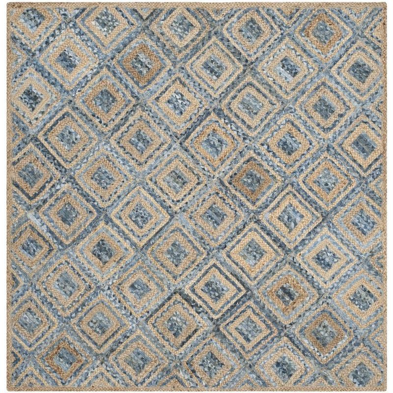 Natural and Blue Geometric 4' x 6' Handmade Jute Area Rug