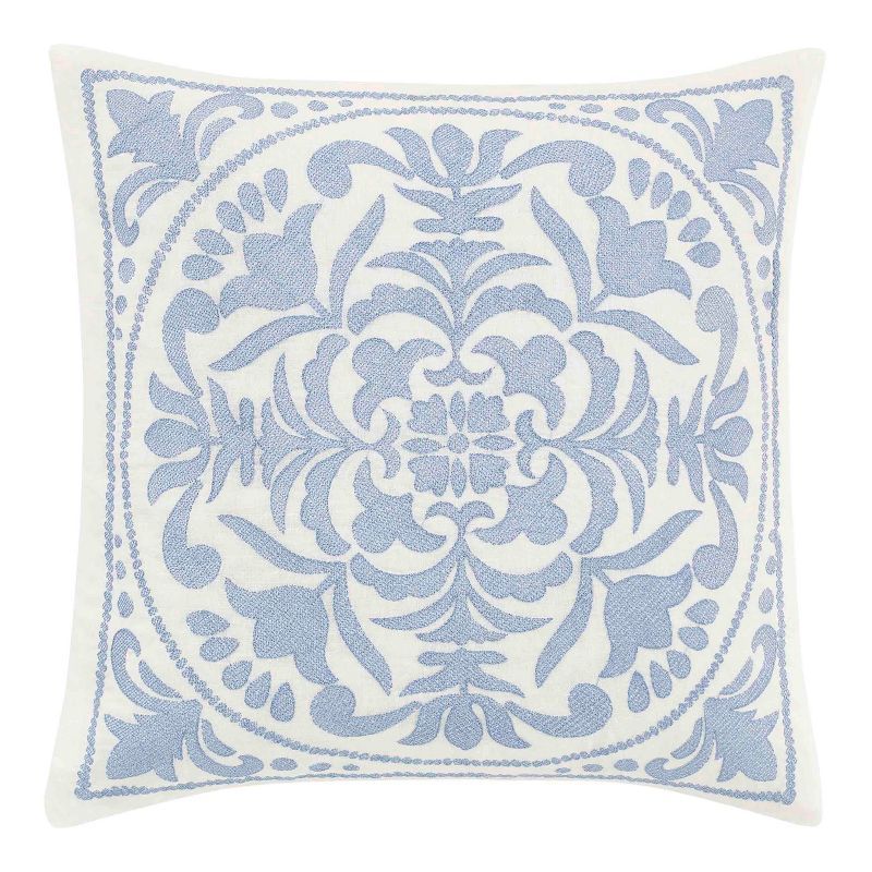 Blue Embroidered Floral Square Throw Pillow