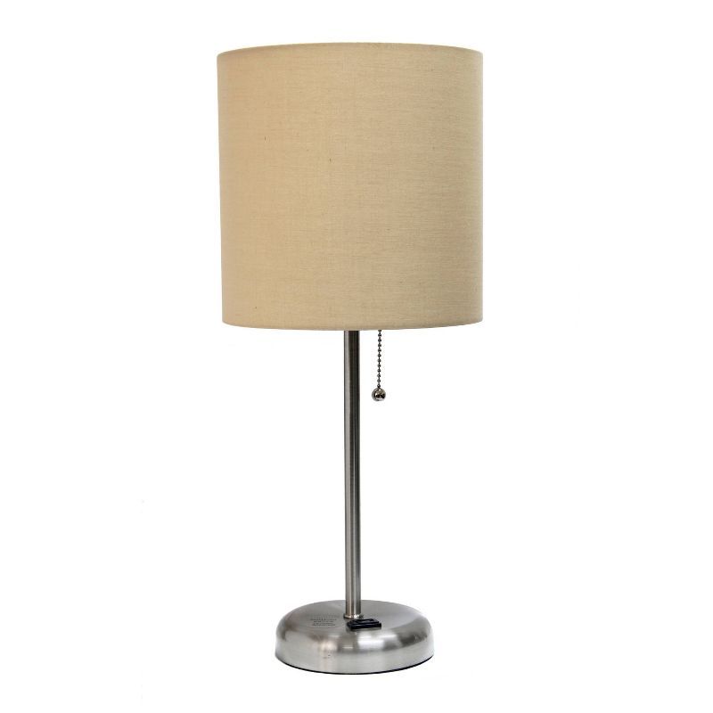 Brushed Steel Stick Nightstand Lamp with Tan Fabric Shade