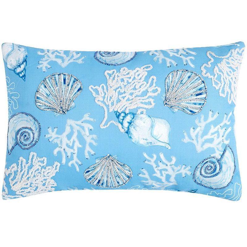 Coastal Blue Embroidered Polyester Oblong Throw Pillow