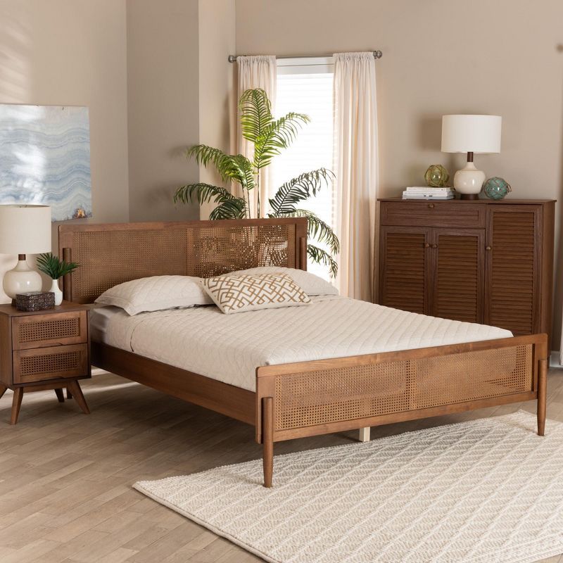 Mid-Century Modern Ash Walnut Queen Wood Platform Bed