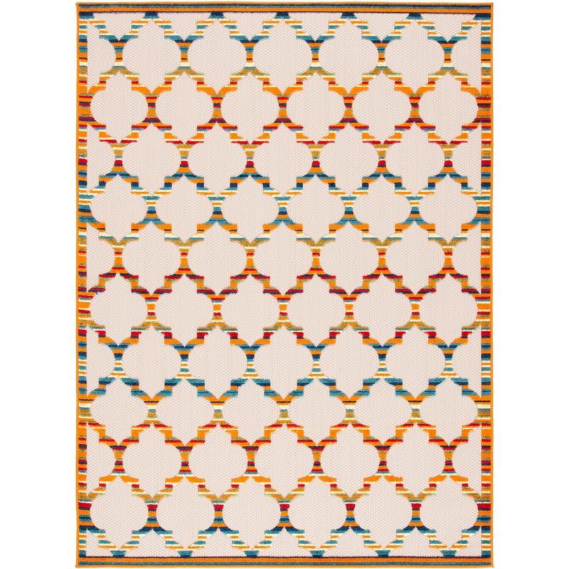 Ivory and Orange Geometric Synthetic Indoor/Outdoor Rug