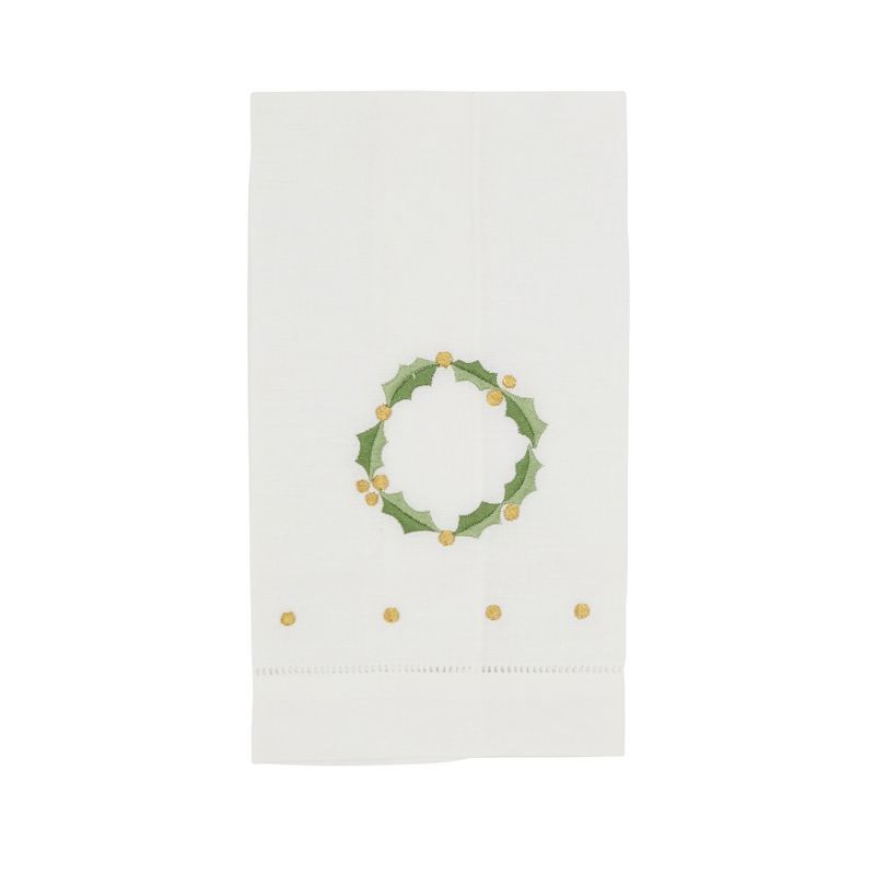 White Cotton Linen Holiday Hand Towels with Holly Leaf Embroidery, Set of 4