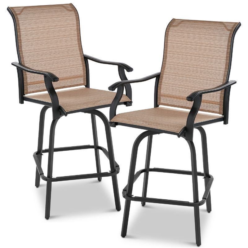 Tan Outdoor Swivel Bar Stools with Mesh and Steel Frame