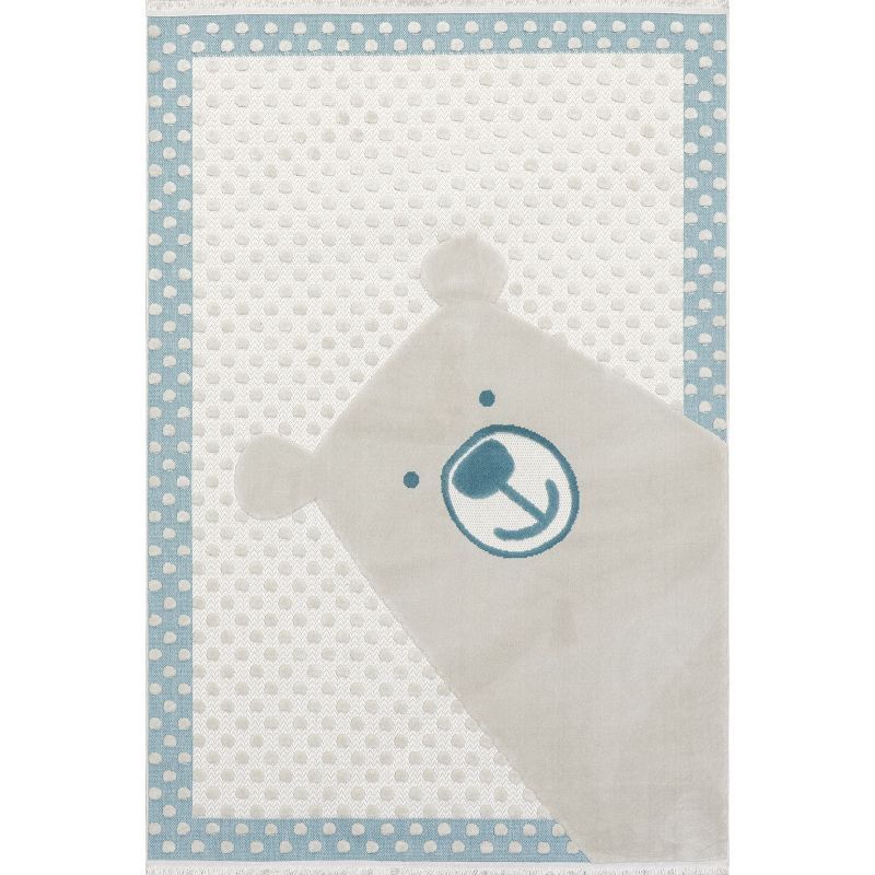 Baby Blue and Off-White Bear-Themed Kids Area Rug