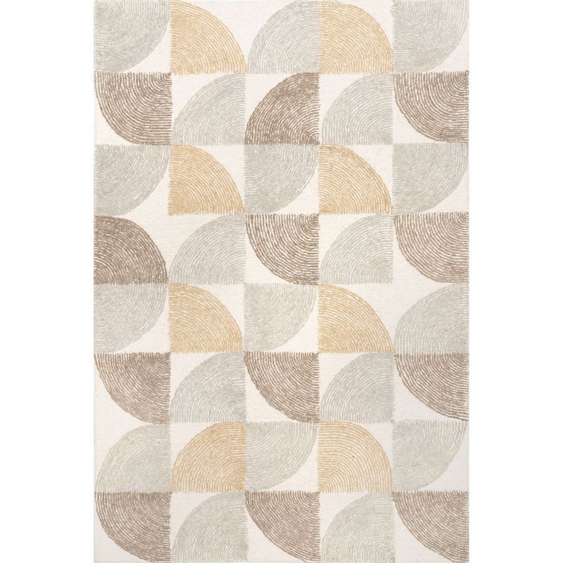 Beige and Light Gray Geometric Wool Tufted Area Rug, 5' x 8'