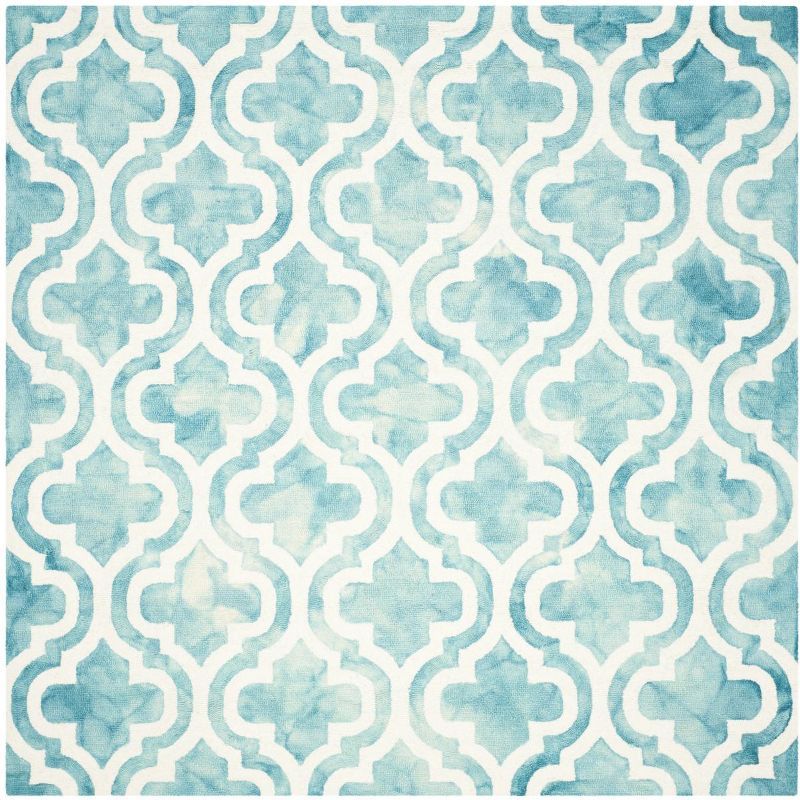 Handmade Turquoise and Ivory Wool Tufted Square Rug