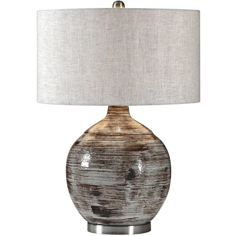 Distressed Blue-Gray Ceramic Table Lamp with Linen Drum Shade