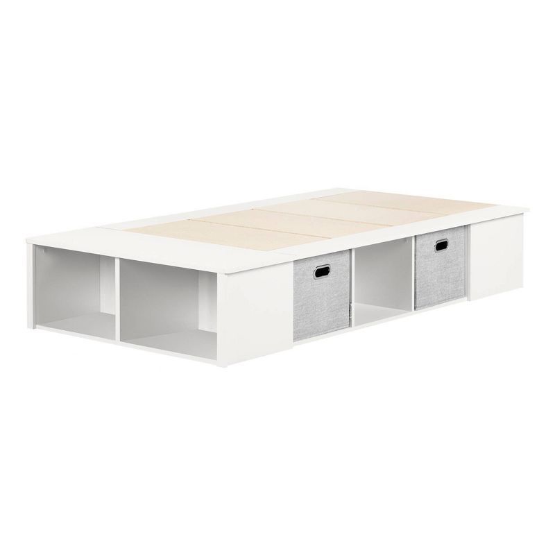 Twin White Wood Platform Bed with Storage Baskets