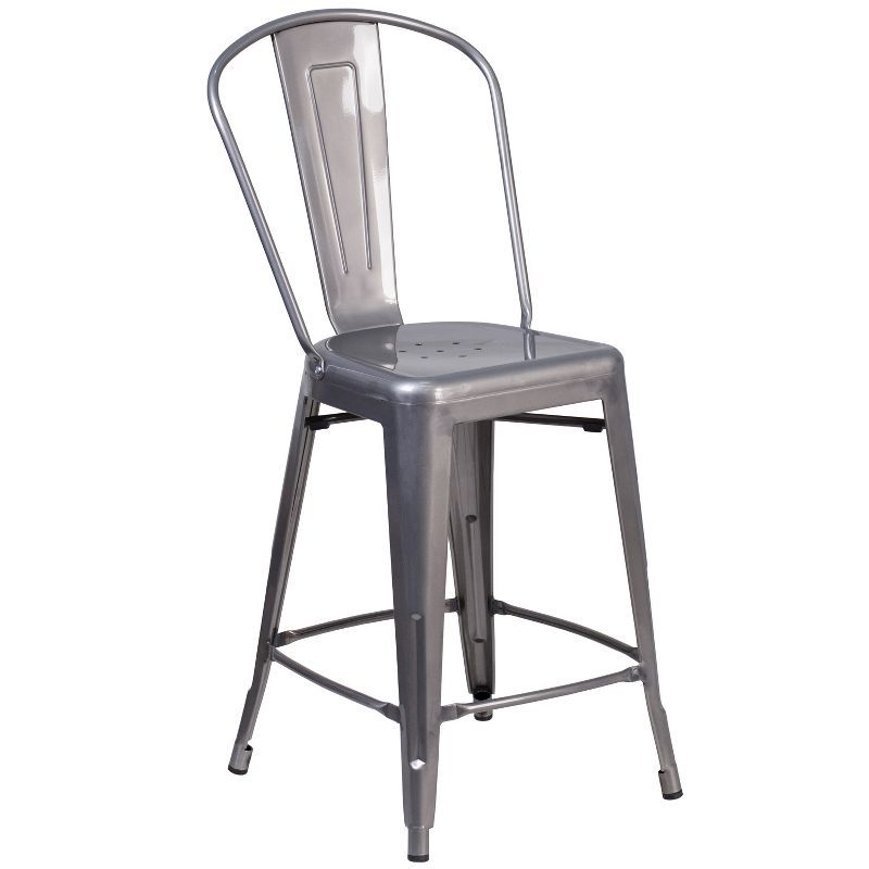 24" Silver Metal Indoor Counter Height Stool with Slat Back