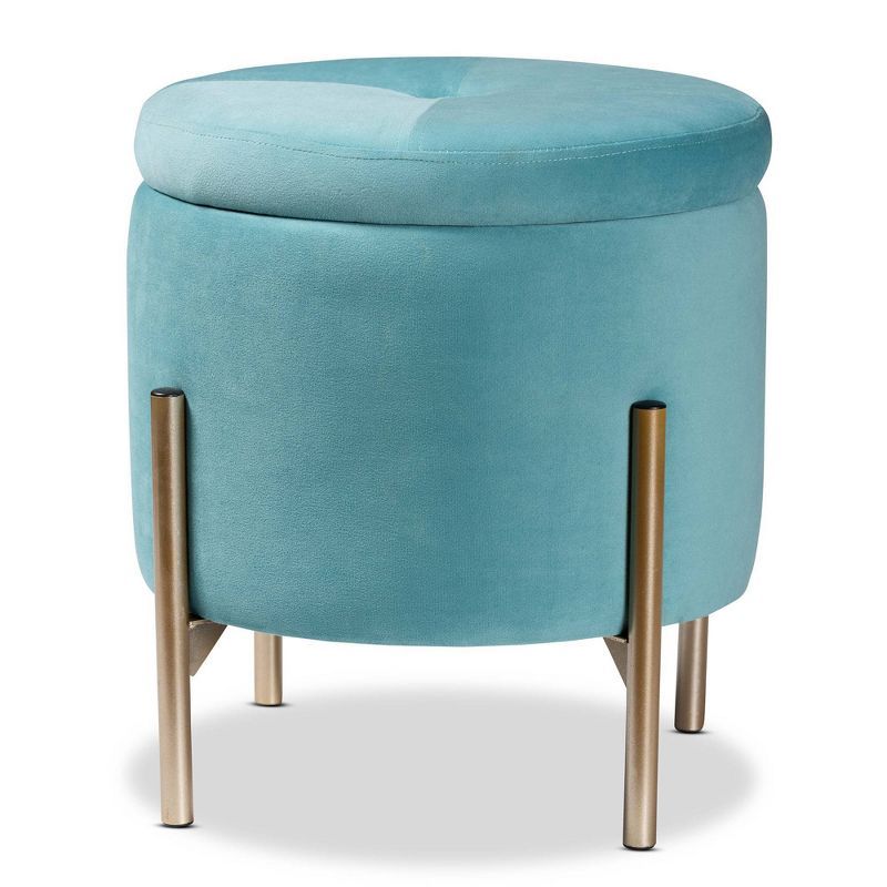 Sky Blue Velvet Tufted Round Storage Ottoman with Gold Metal Frame
