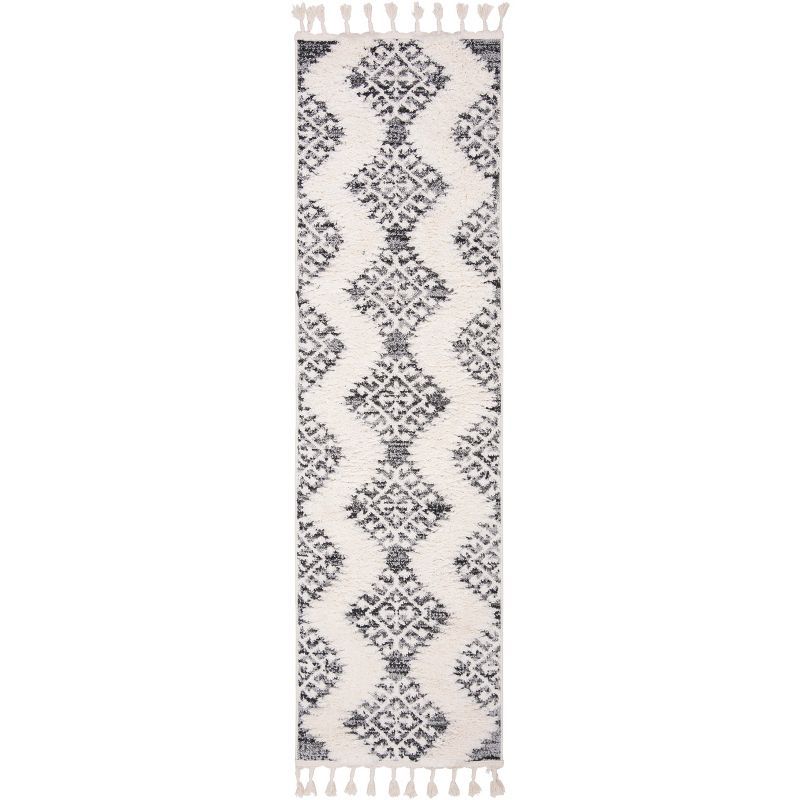 Ivory and Grey Diamond Pattern Shag Runner Rug with Tassels