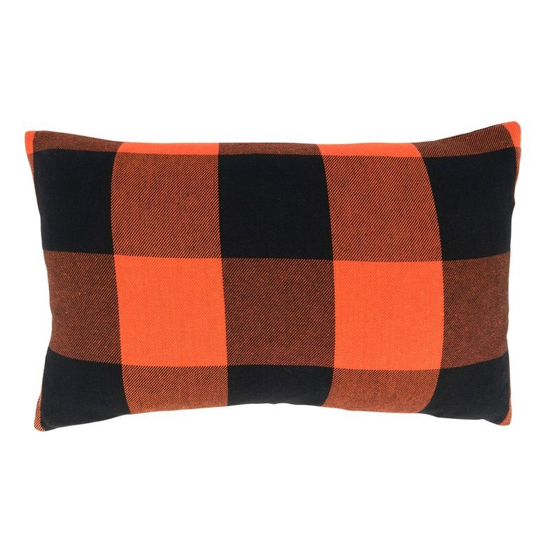 Orange and Black Buffalo Plaid Cotton Throw Pillow