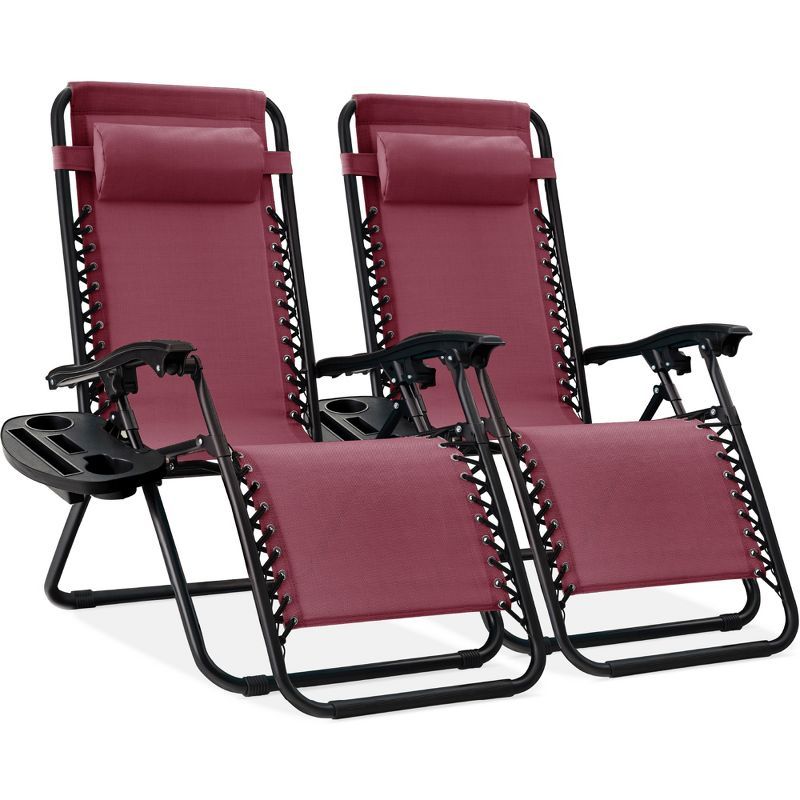 Burgundy Zero Gravity Lounge Chair Set with Cup Holder Tray