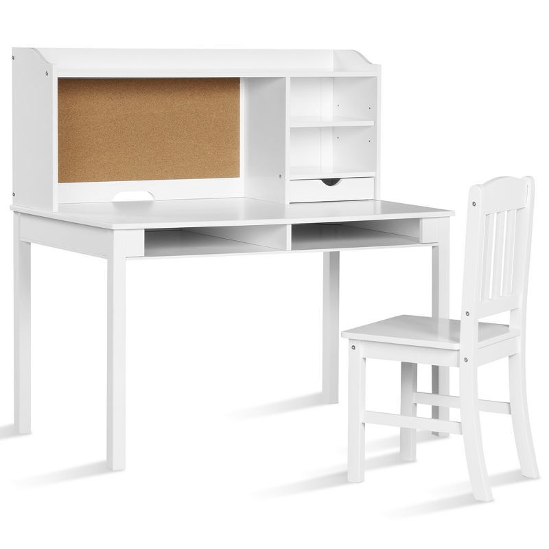White Pine and MDF Kids Writing Desk with Hutch and Chair Set