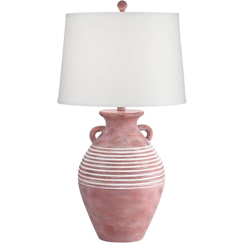 Rustic Red Sandstone Table Lamp with Linen Drum Shade