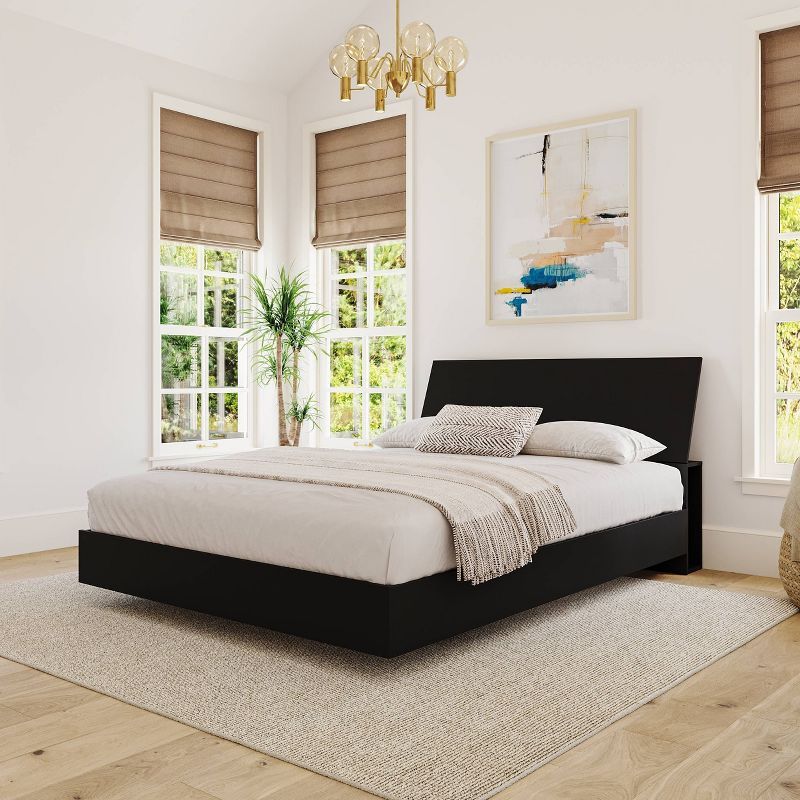 Serenity Queen Size Floating Black Wood Platform Bed with Storage