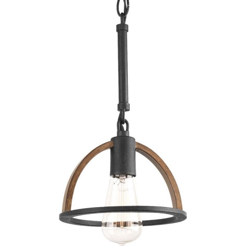 Rustic Farmhouse Mini-Pendant in Gilded Iron with Hand-Painted Oak Accents