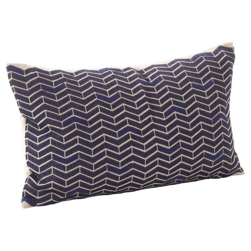 Navy Blue Chevron Cotton Lumbar Throw Pillow with Feather Fill