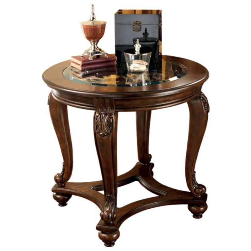 Round Dark Brown Wood and Glass End Table