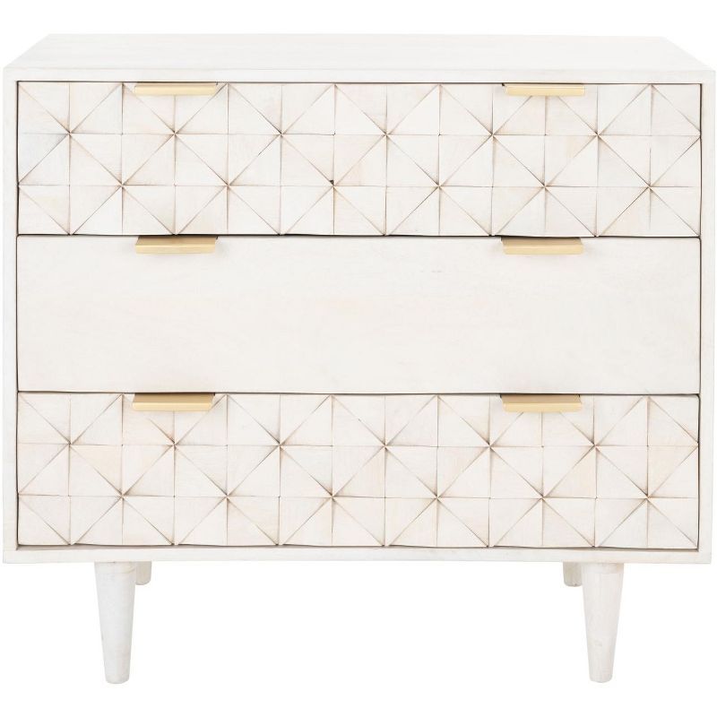 White Wash and Brass 3-Drawer Geometric Chest