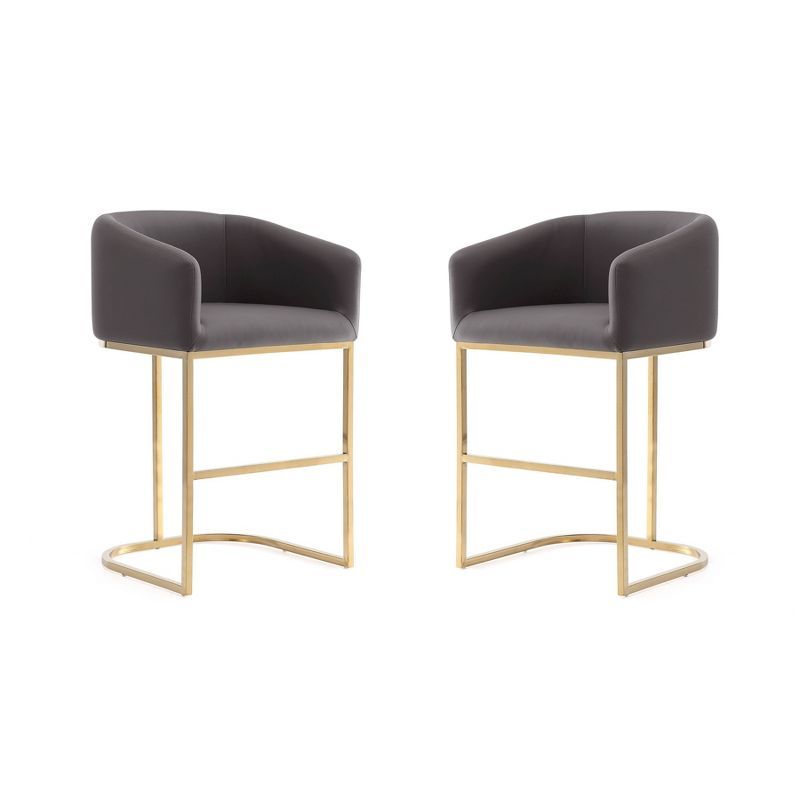 Set of 2 Gray Faux Leather and Gold Metal Counter Stools