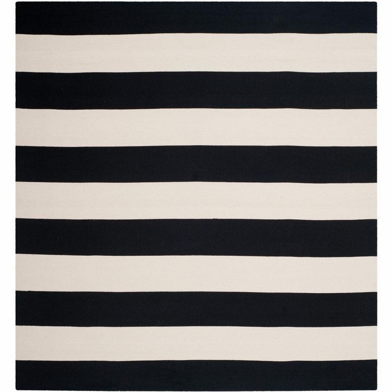 Black and Ivory Striped Cotton Square Rug, 6' x 6'