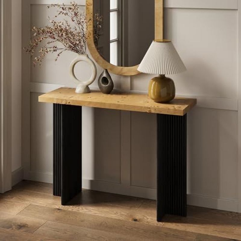 Fluted Black and Burl Wood Console Table with Cross Base