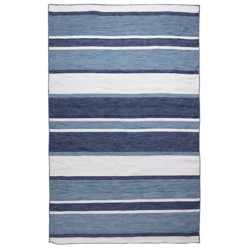 Navy and White Synthetic Flat Woven Reversible 5' x 7' Rug
