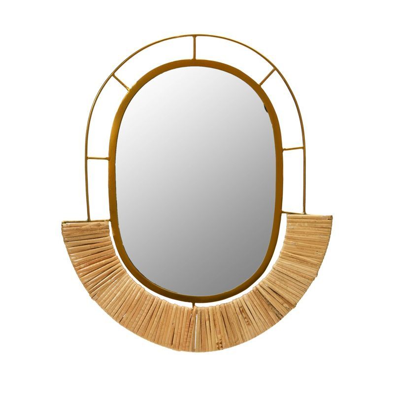 Oval Gold Metal and Cane Framed Wall Mirror