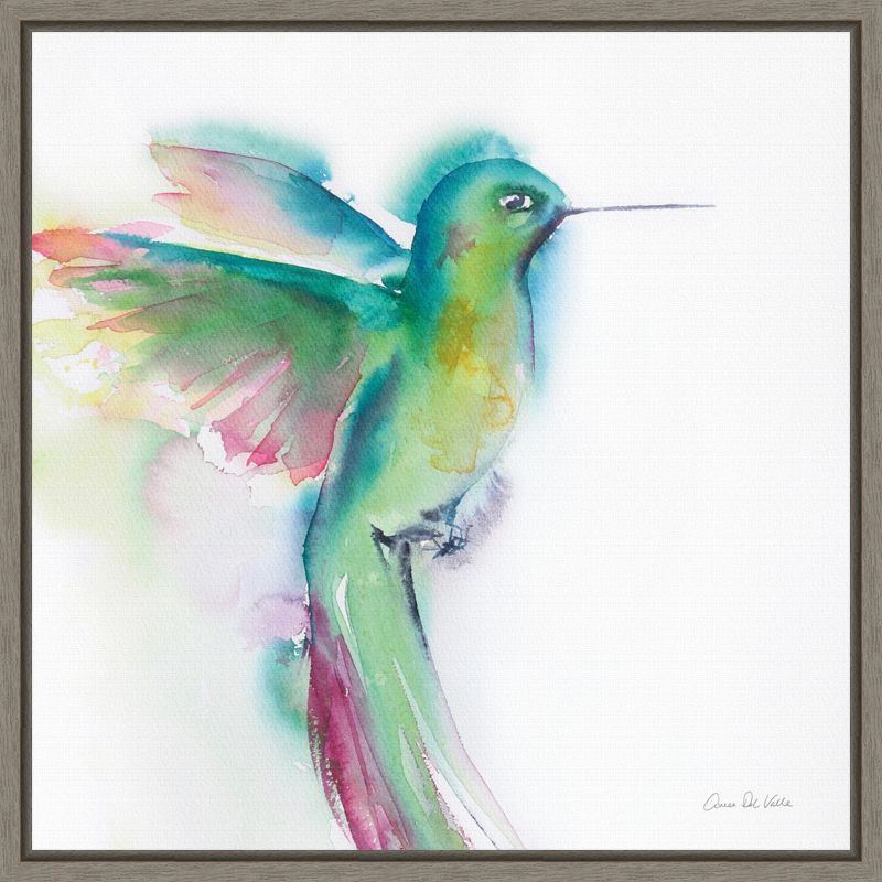 Colorful Hummingbird Watercolor Canvas Print in Gray Frame, 22 x 22 inches