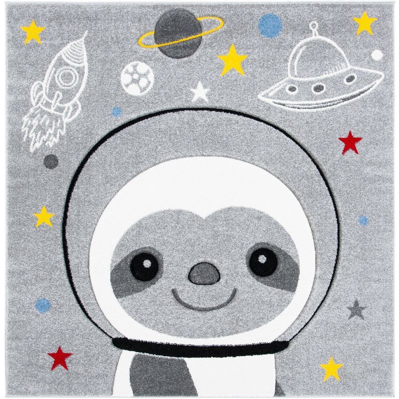 Carousel Kids Grey/Ivory Space Sloth 4' x 4' Square Area Rug