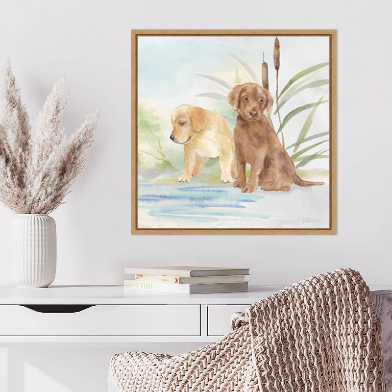 Woodland Dogs II Watercolor Canvas Art with Maple Frame