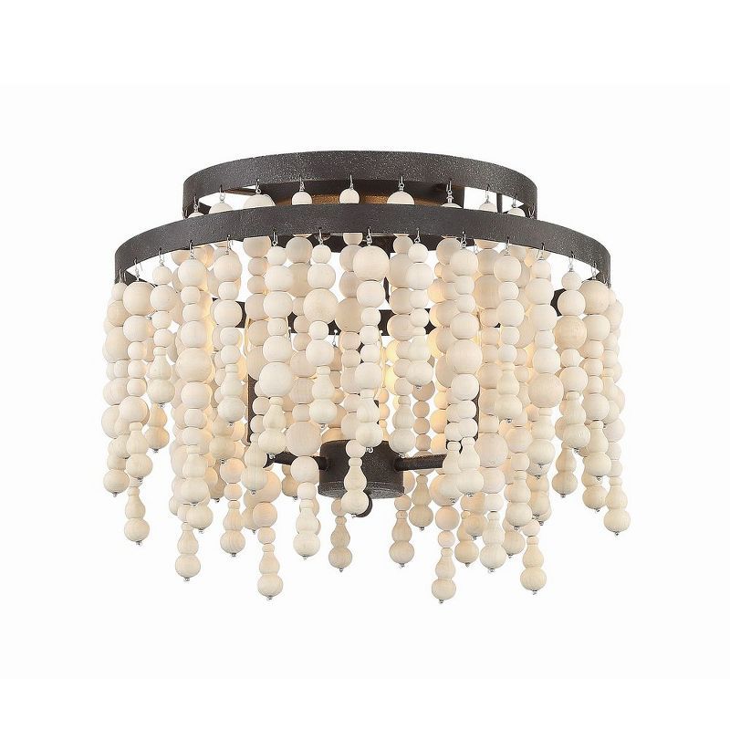 Poppy Forged Bronze 3-Light Chandelier with Natural Wood Beads