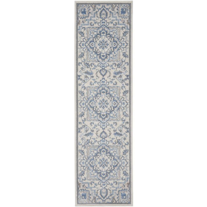 Ivory Blue Floral Medallion Handmade Area Rug 27"x4.7"