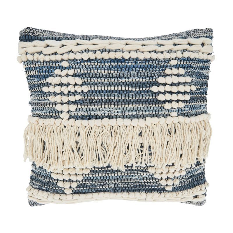 Blue Cotton Chindi Fringe Square Throw Pillow