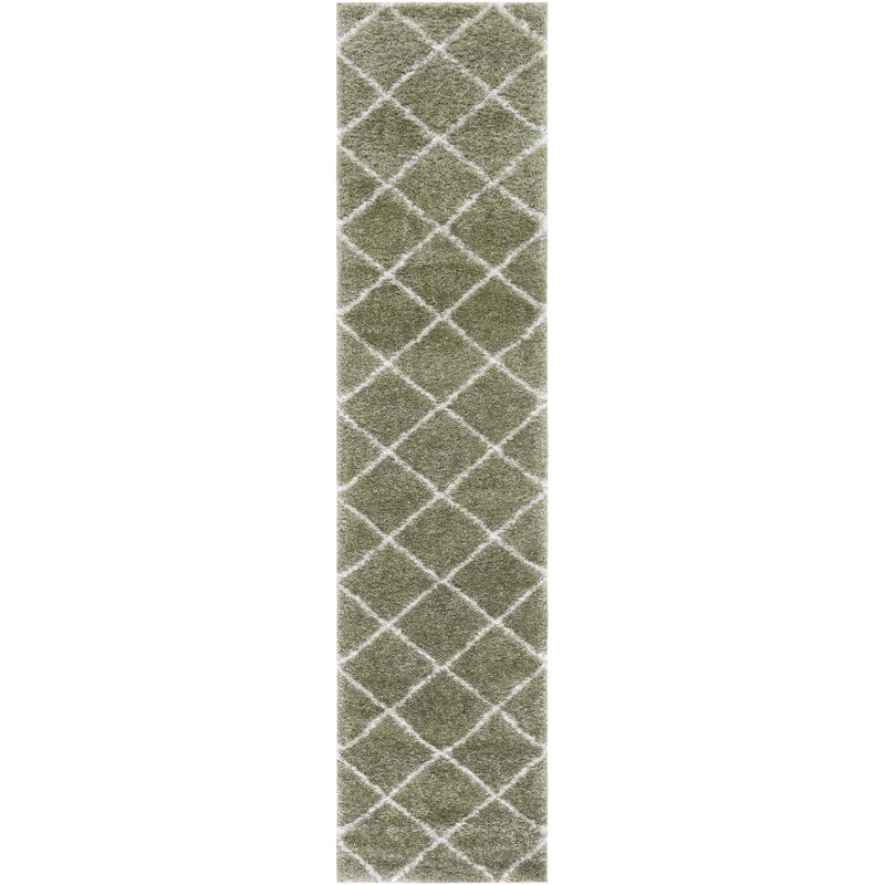 Sage and White Geometric Shag Runner Rug, 2' x 9'