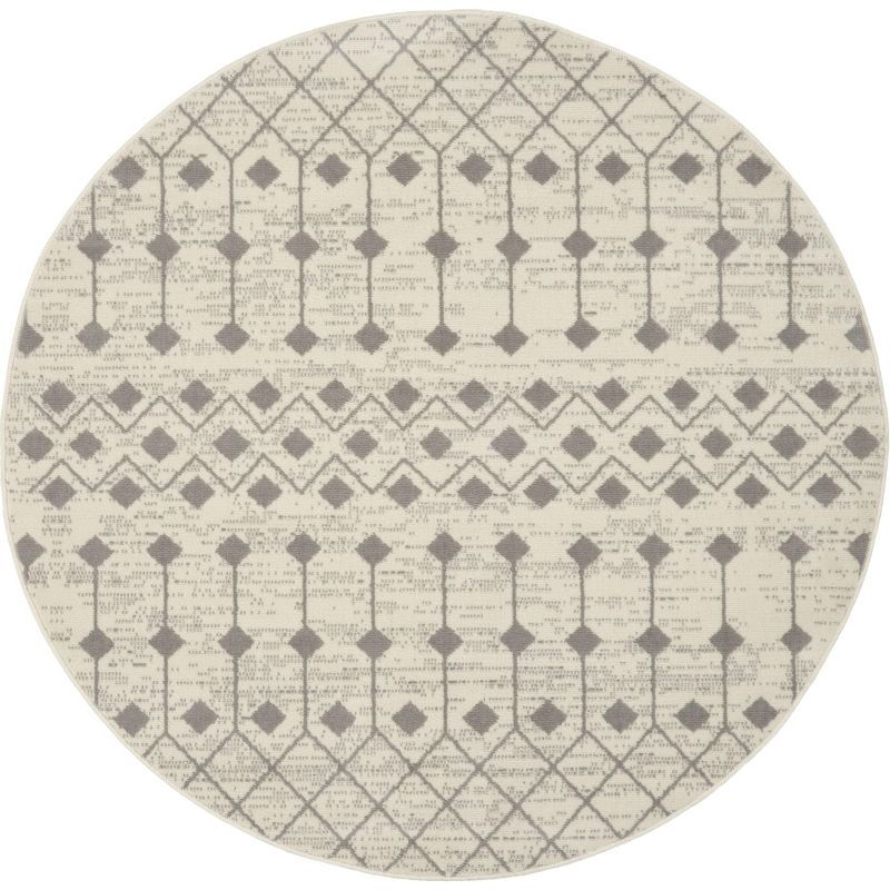 Ivory and Grey Geometric Round Synthetic Area Rug, 63"