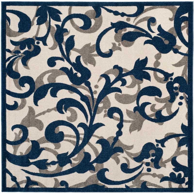 Ivory and Navy Floral Square Synthetic Area Rug