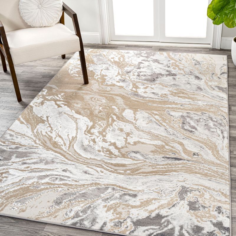 Beige and Ivory Abstract Marbled 8' x 10' Synthetic Area Rug