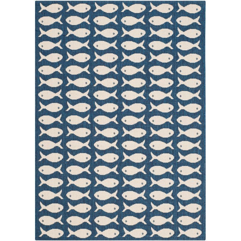 Navy and Beige Fish Pattern Indoor/Outdoor Rug 2'7" x 5'