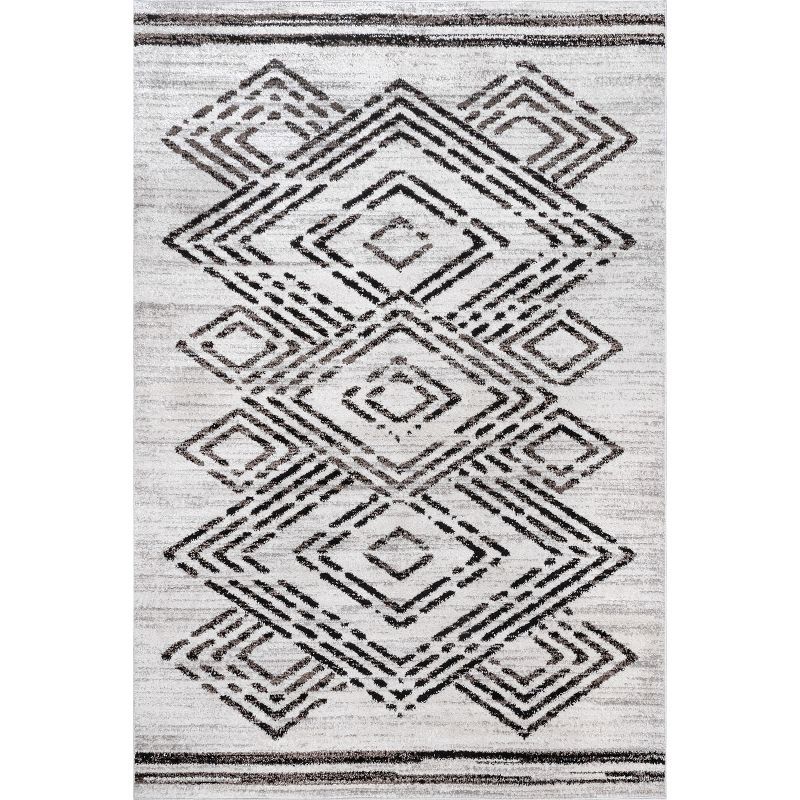 Beige and Black Geometric Synthetic Area Rug