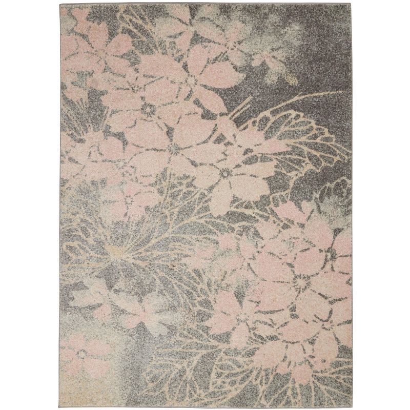 Grey and Pink Floral Synthetic 4' x 6' Area Rug