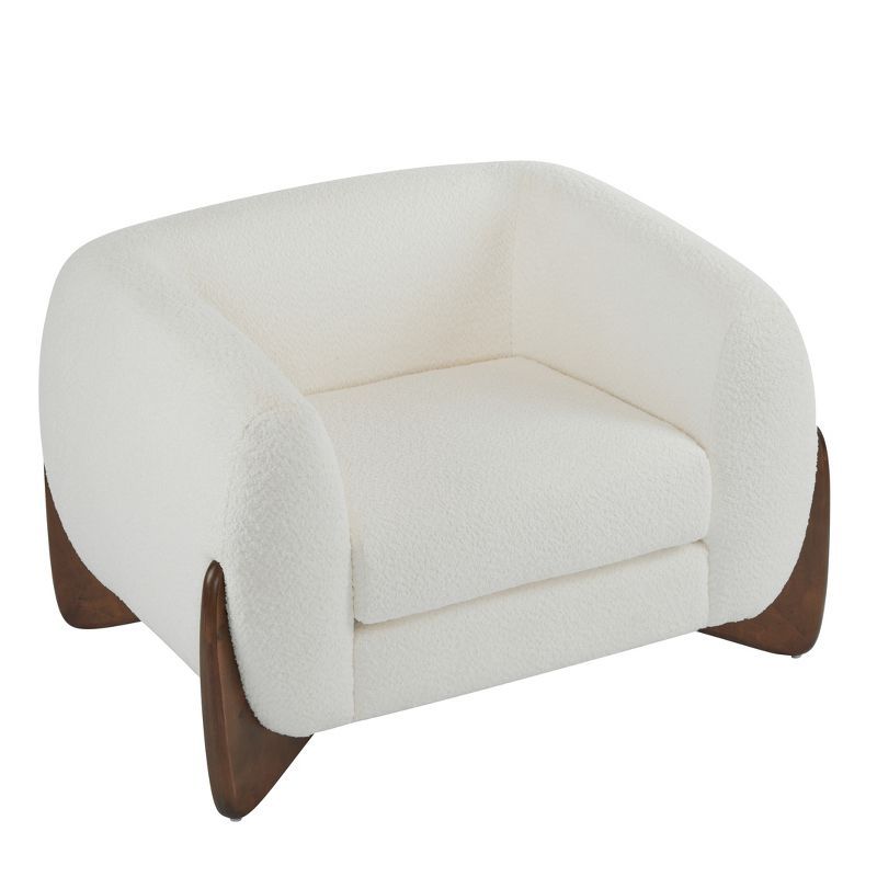 Modern White Boucle Upholstered Club Chair with Walnut Wood Legs