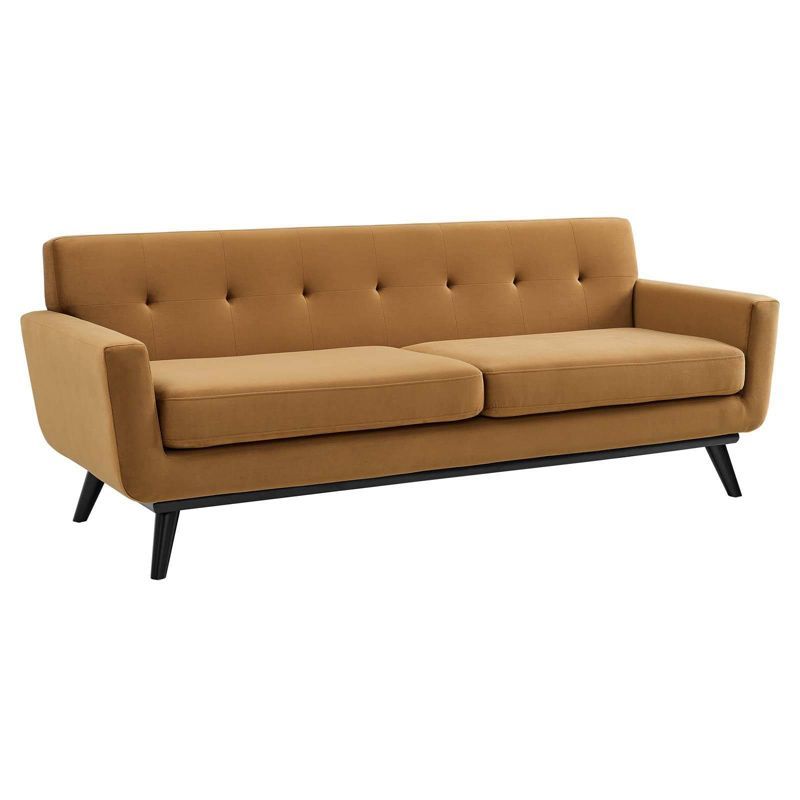 Cognac Velvet Tufted Sofa with Removable Cushions, 91"