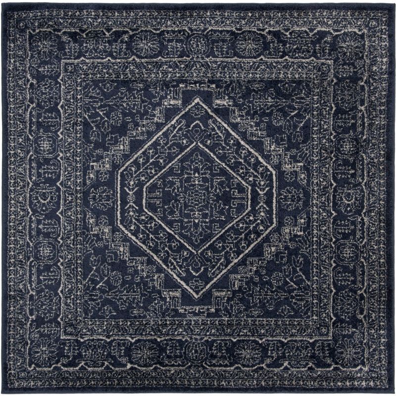 Navy & Ivory Medallion Hand-Knotted Square Synthetic Rug - 4' x 4'