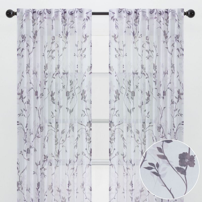 Aubergine Floral Sheer Polyester Window Curtain Panels, 52 x 96 in