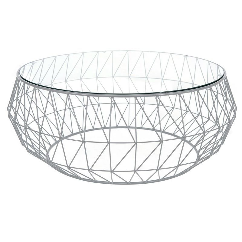 Gray Round Glass Top Coffee Table with Metal Geometric Base