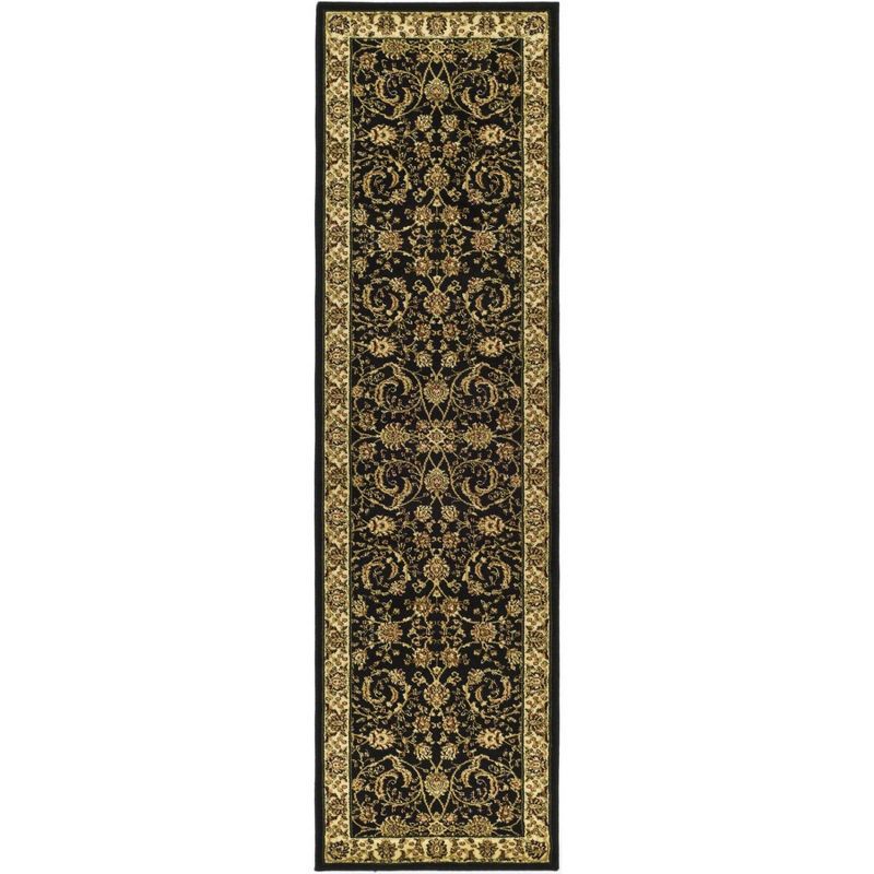 Black Floral Hand-Knotted Synthetic Runner Rug